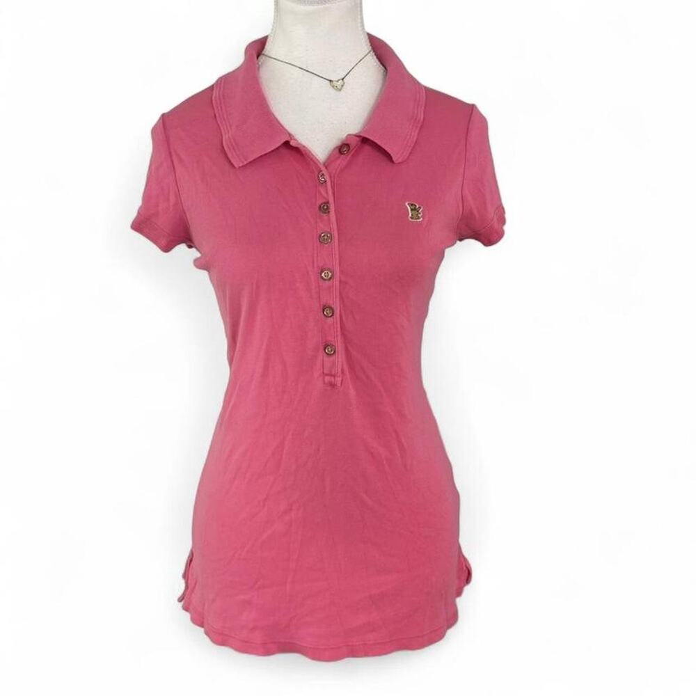 Juicy Couture Vintage  pink polo shirt with ruffle hem and gold buttons. Size L